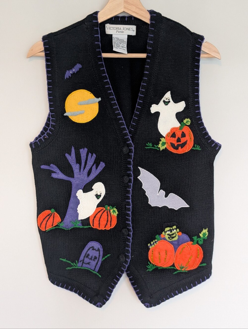 Vintage Sweater Vest Womens Medium Petite Ramie Halloween Ghost Pumpkin 90's